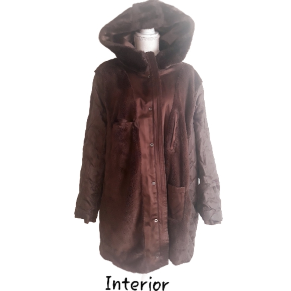 Jones New York Brown Satin Faux Fur Hooded Coat- Size 1X - Picture 8 of 12